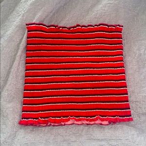 Red tube top with black and white strips